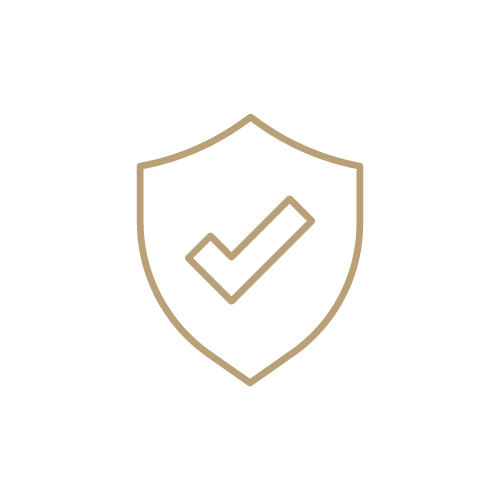 An outlined shield with a checkmark in the center symbolizes security and protection. Minimalist design on a plain white background.