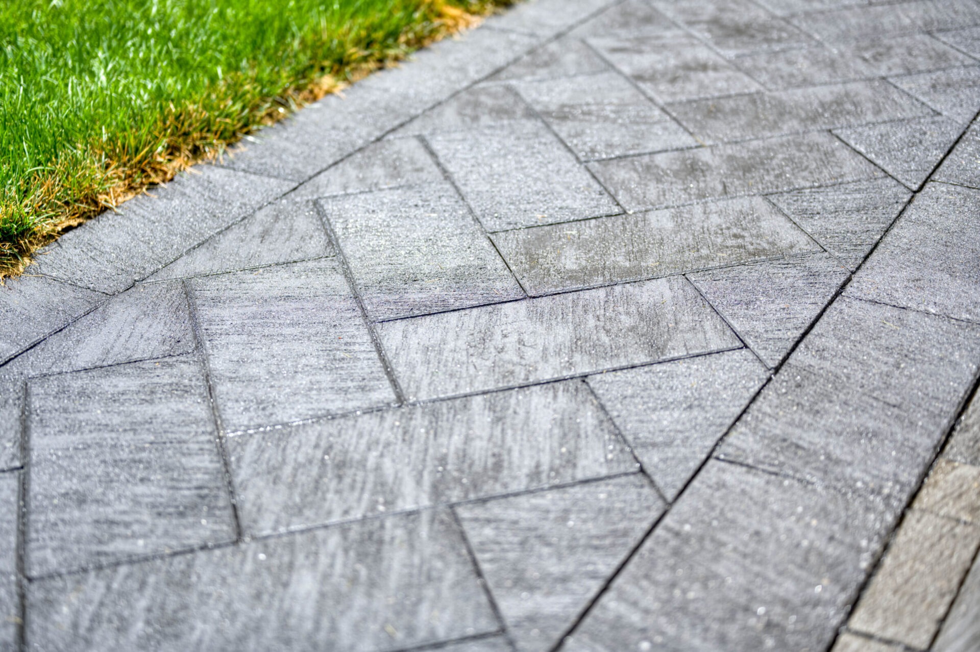 Gray, rectangular stone pavers arranged in a herringbone pattern bordered by green grass. The surface is slightly wet, enhancing texture.