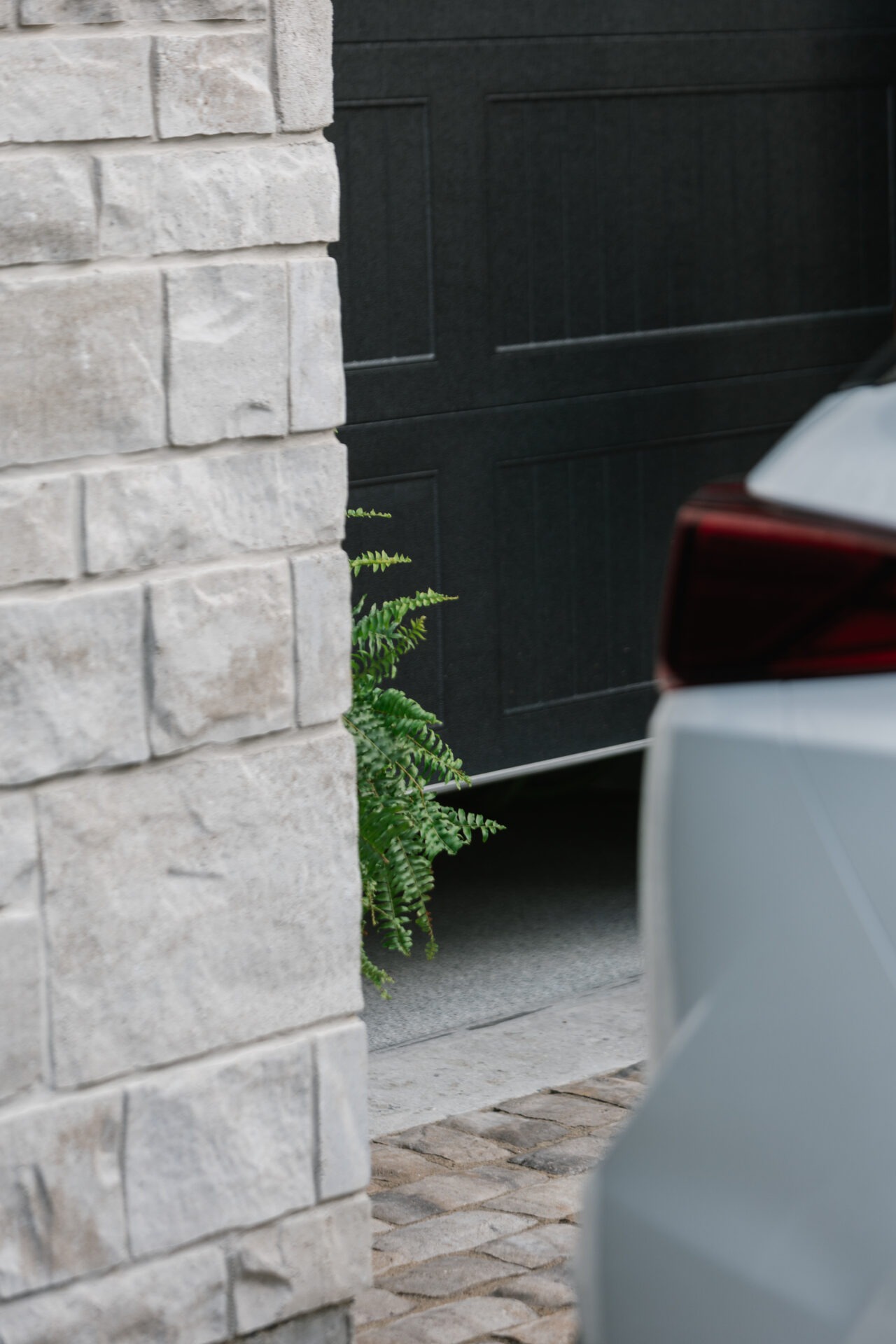 Close-up of a garage corner with a dark door, stone wall, plant, and partial view of a parked car.