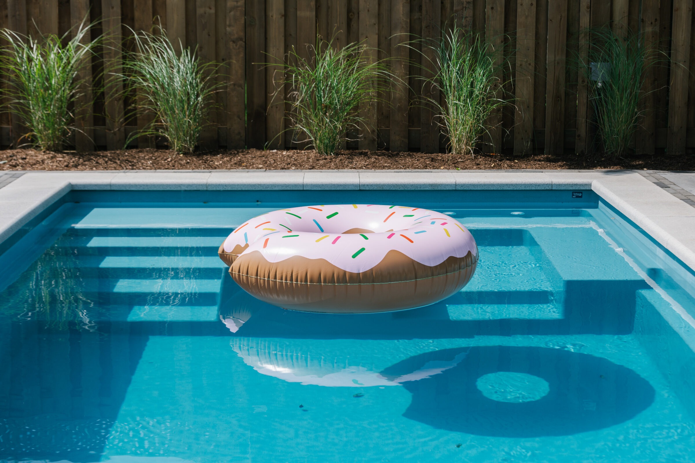 Inflatable donut-shaped float with sprinkles in a clear blue pool, surrounded by greenery and wooden fencing, under a sunny sky.
