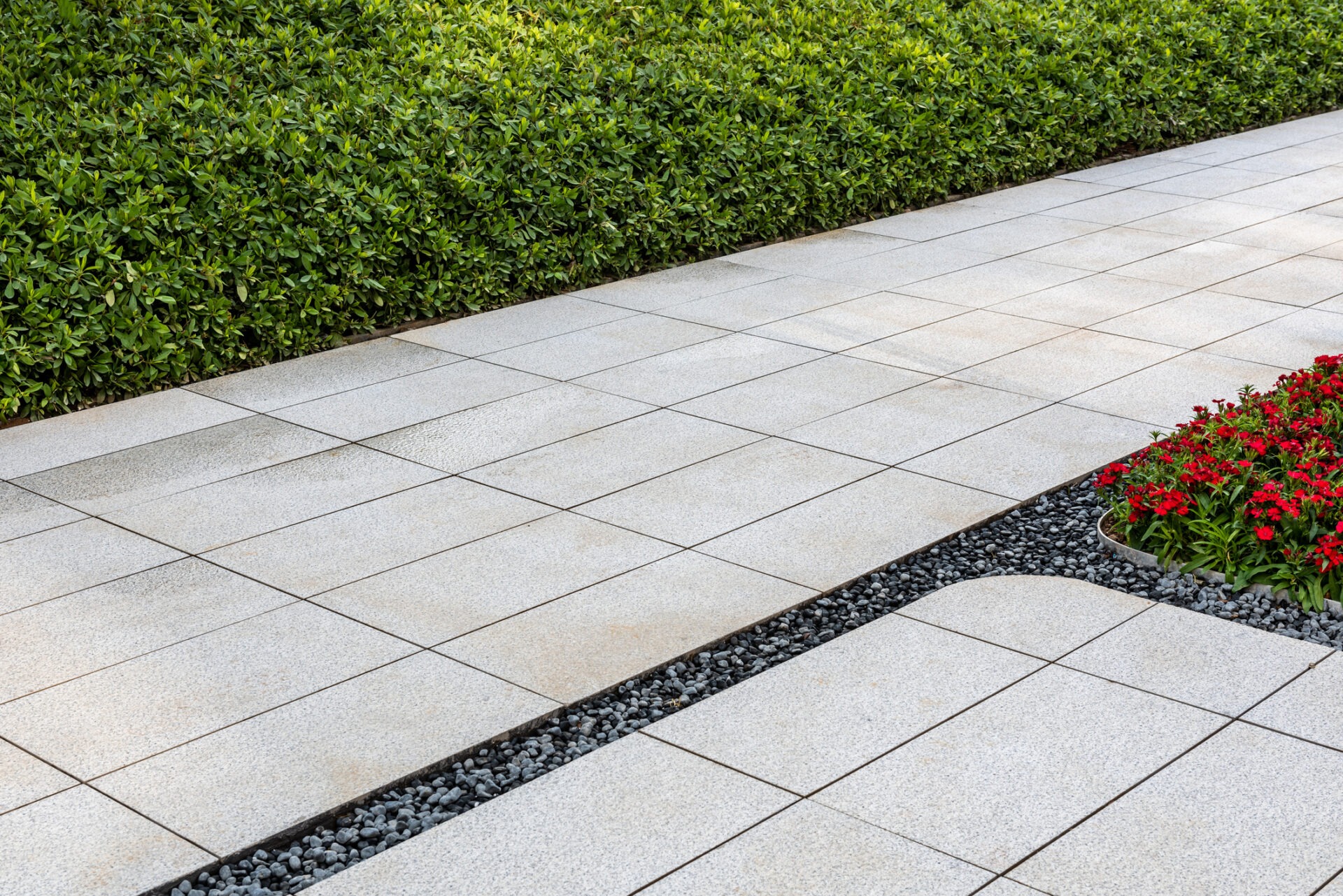 A neatly tiled walkway with green hedges and vibrant red flowers, separated by a small strip of dark pebbles.