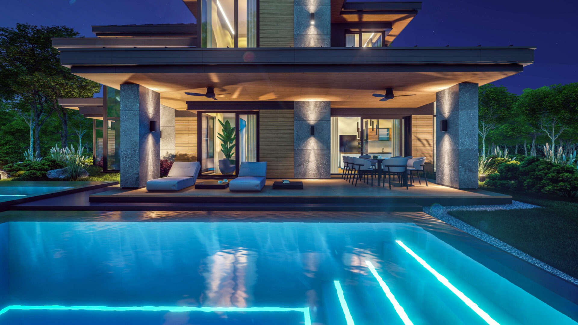 Modern house at night, glowing pool, outdoor seating, lush garden, sleek architecture, inviting ambiance, illuminated interior, surrounded by trees, luxury retreat.