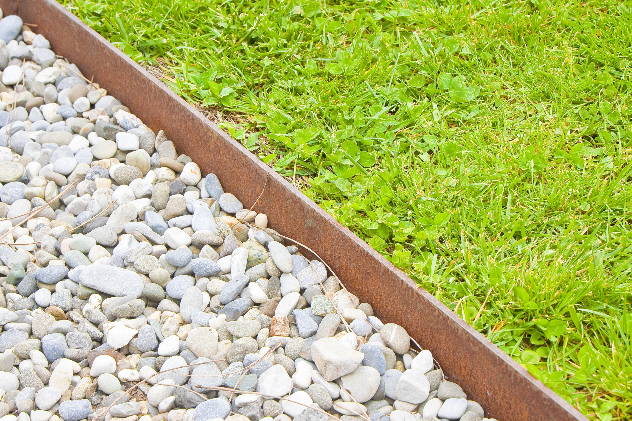 White gravel floor and fresh green lawn with clovers and rusty metal containment profiles