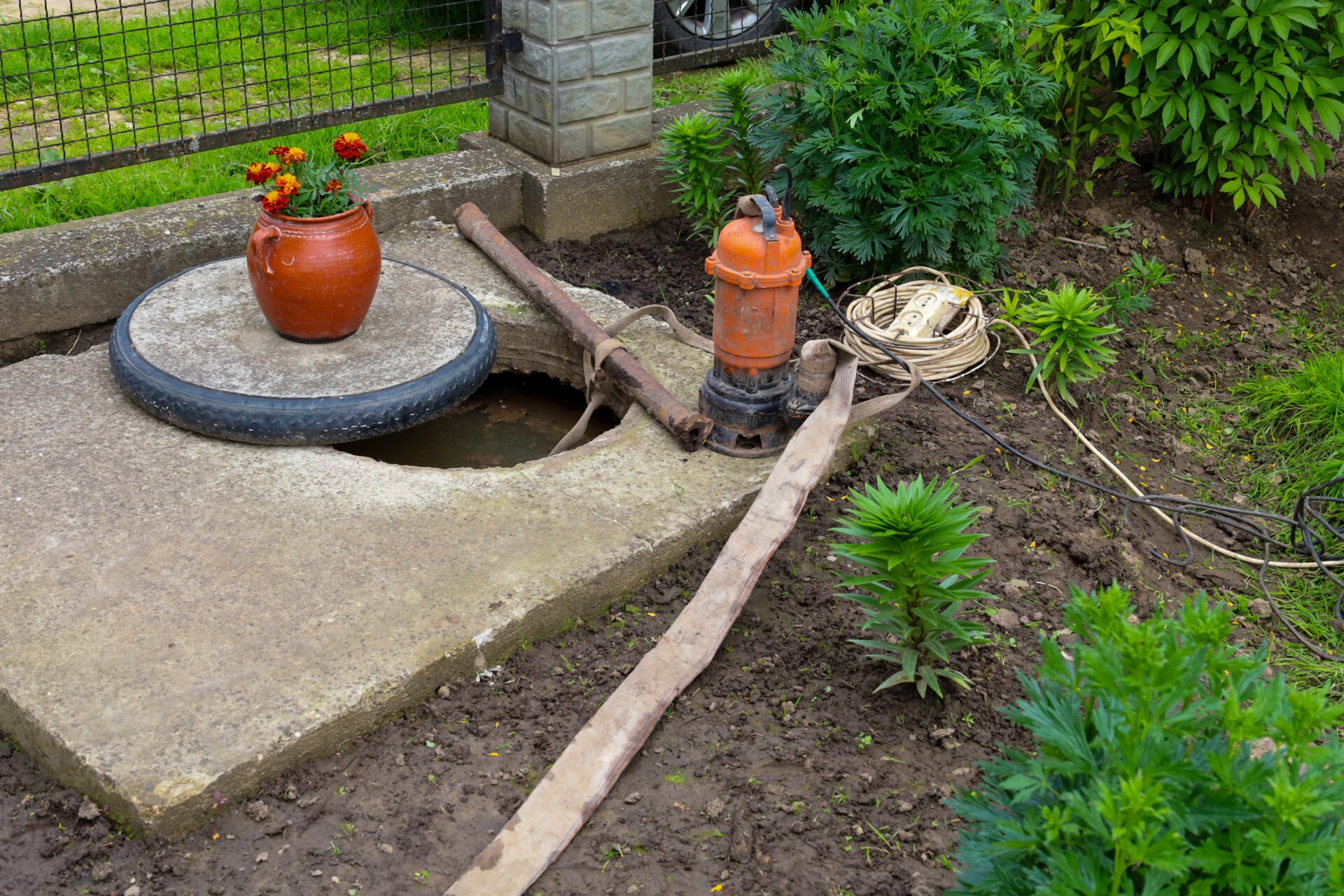 A makeshift well in the garden, with a pump, hoses, and a flower pot on a concrete cover, showcases rural life. This scene reflects practicality and care for the household, adding authenticity and coziness.